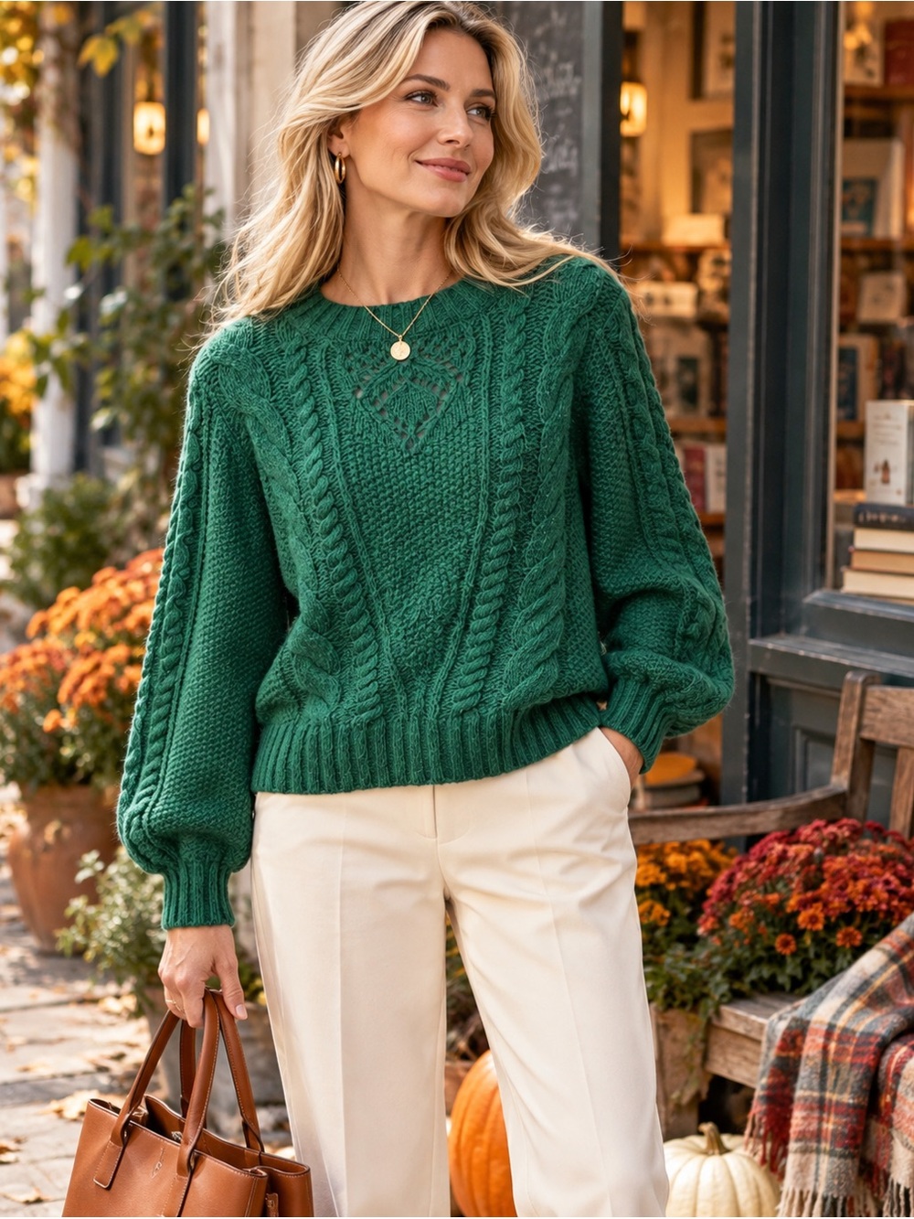 Talbots Green Balloon Sleeve Cable Knit Sweater Wool Blend Small